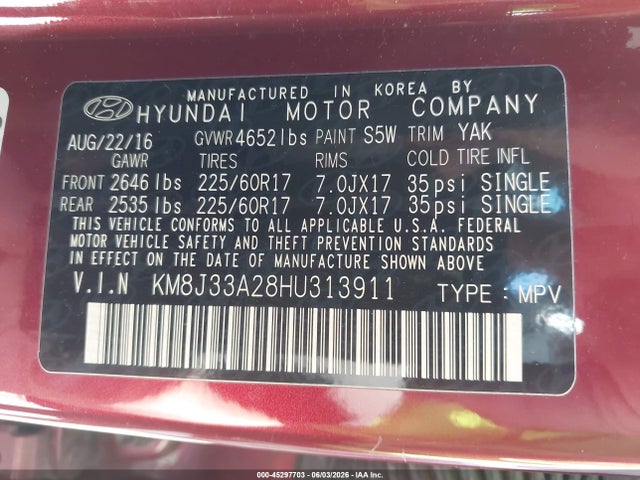 2017 Hyundai Tucson Eco მანქანა იყიდება აუქციონზე, vin: KM8J33A28HU313911, აუქციონის ნომერი: 45297703