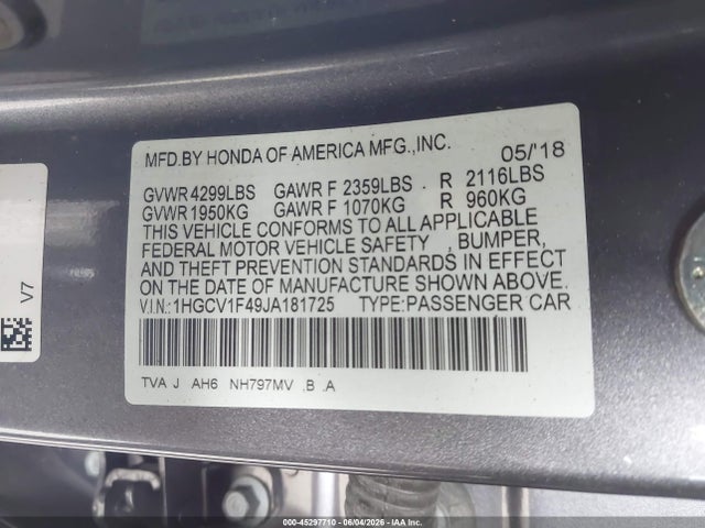 Honda ACCORD EX 2018 1HGCV1F49JA181725 Image 9