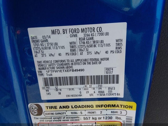 2014 Ford F-150 Fx4 მანქანა იყიდება აუქციონზე, vin: 1FTFW1ETXEFB49490, აუქციონის ნომერი: 45297713