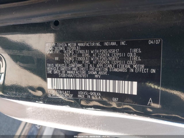 45297714 :رقم المزاد ، 5TDBT48A77S287851 vin ، 2007 Toyota Sequoia Limited V8 مزاد بيع