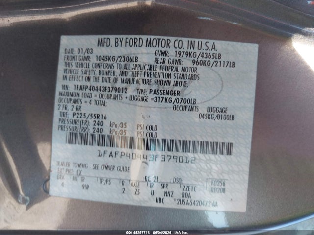 2003 Ford Mustang მანქანა იყიდება აუქციონზე, vin: 1FAFP40443F379012, აუქციონის ნომერი: 45297718
