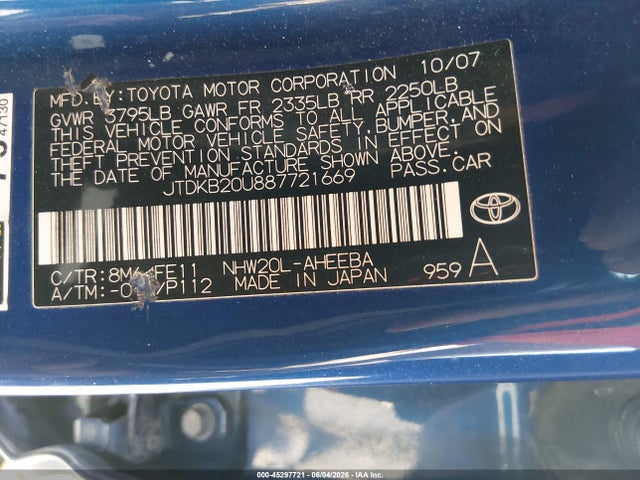 Aukcja sprzedaży 2008 Toyota Prius, vin: JTDKB20U887721669, numer aukcji: 45297721