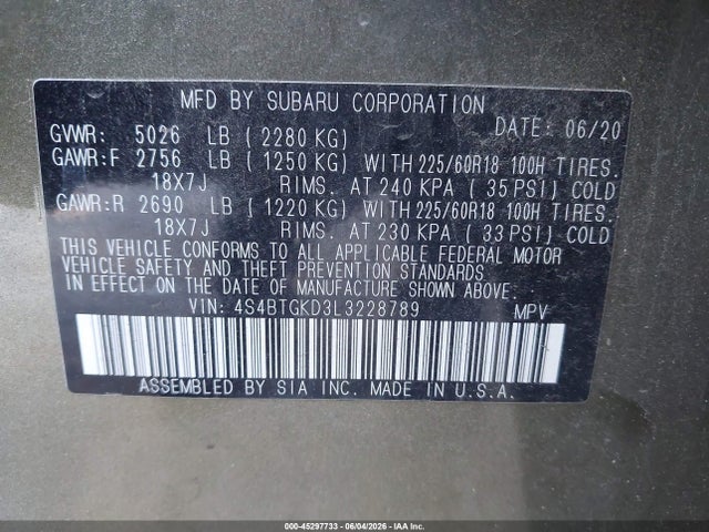 Subaru Outback Onyx Edition Xt 2020 4S4BTGKD3L3228789 Image 9