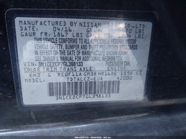 3N1CE2CP7GL398133 Nissan Versa Note S Plus