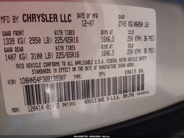 45297752 :رقم المزاد ، 1D8HN54P38B139307 vin ، 2008 Dodge Grand Caravan Sxt مزاد بيع