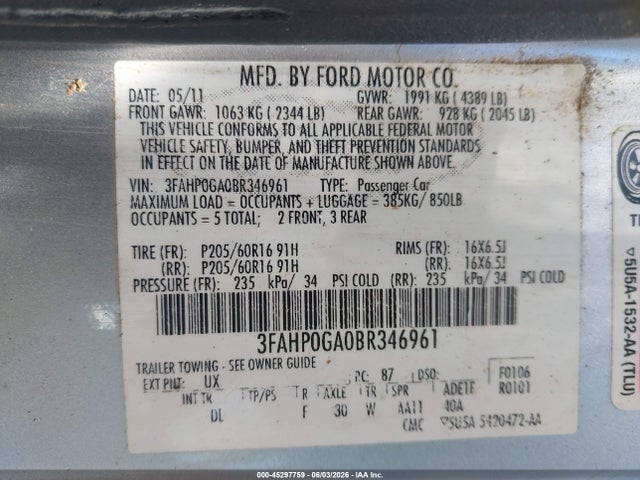 Aukcja sprzedaży 2011 Ford Fusion S, vin: 3FAHP0GA0BR346961, numer aukcji: 45297759