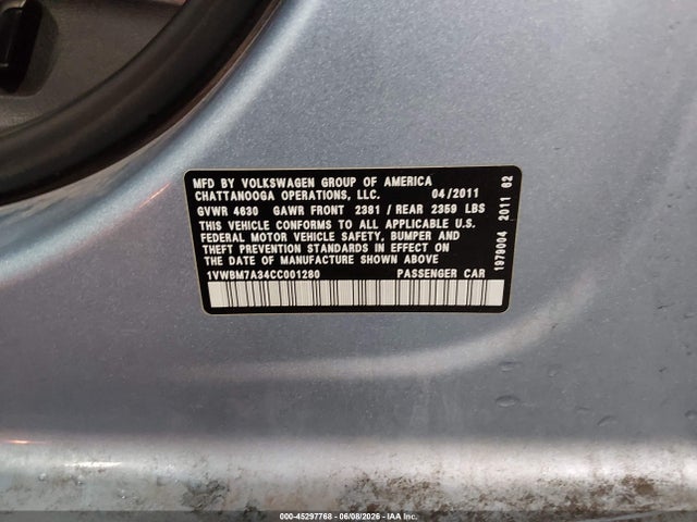 45297768 :رقم المزاد ، 1VWBM7A34CC001280 vin ، 2012 Volkswagen Passat 3.6l V6 Se مزاد بيع