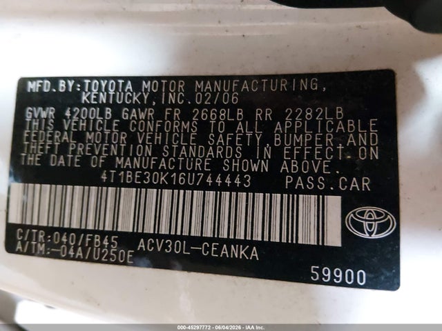 Продажа на аукционе авто 2006 Toyota Camry Le, vin: 4T1BE30K16U744443, номер лота: 45297772