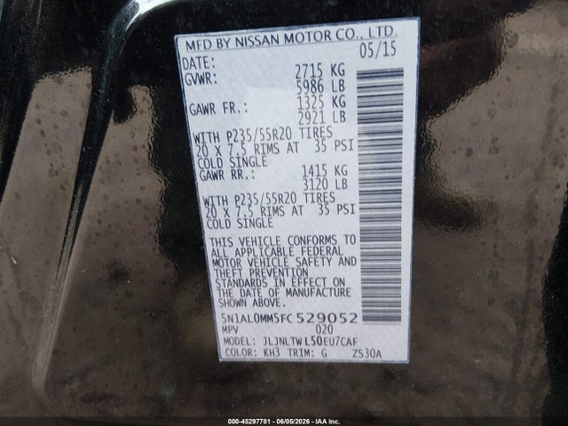 Aukcja sprzedaży 2015 Infiniti Qx60, vin: 5N1AL0MM5FC529052, numer aukcji: 45297781