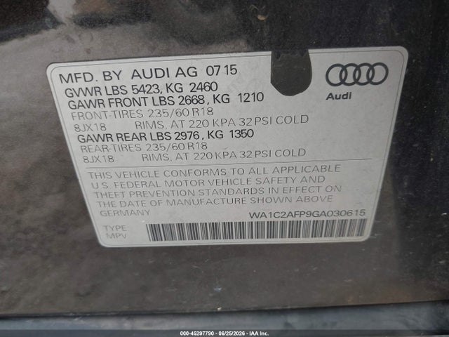 Продаж на аукціоні авто 2016 Audi Q5 2.0t Premium, vin: WA1C2AFP9GA030615, номер лоту: 45297790