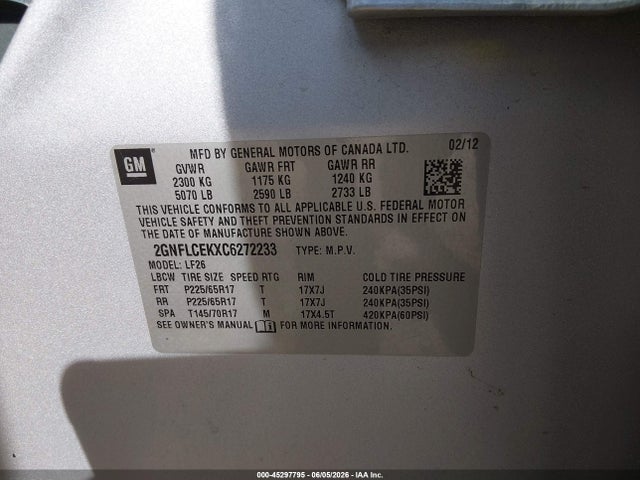 Aukcja sprzedaży 2012 Chevrolet Equinox Ls, vin: 2GNFLCEKXC6272233, numer aukcji: 45297795