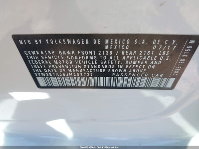 45297802 :رقم المزاد ، 3VW2B7AJ6JM208737 vin ، 2018 Volkswagen Jetta 1.4t S مزاد بيع