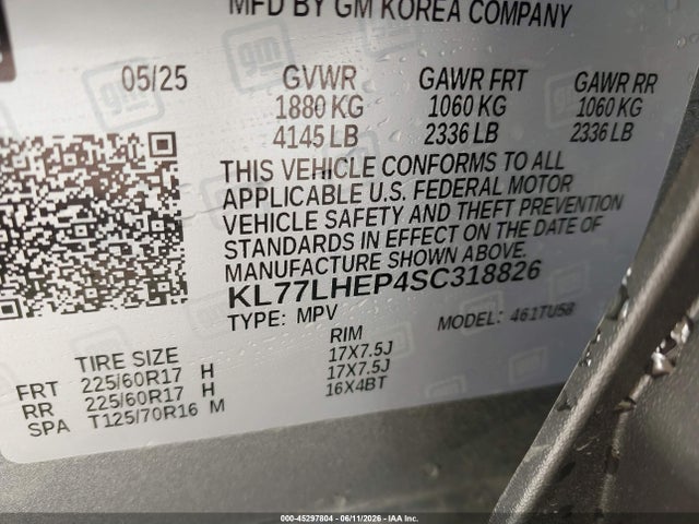 Продаж на аукціоні авто 2025 Chevrolet Trax Fwd Lt, vin: KL77LHEP4SC318826, номер лоту: 45297804
