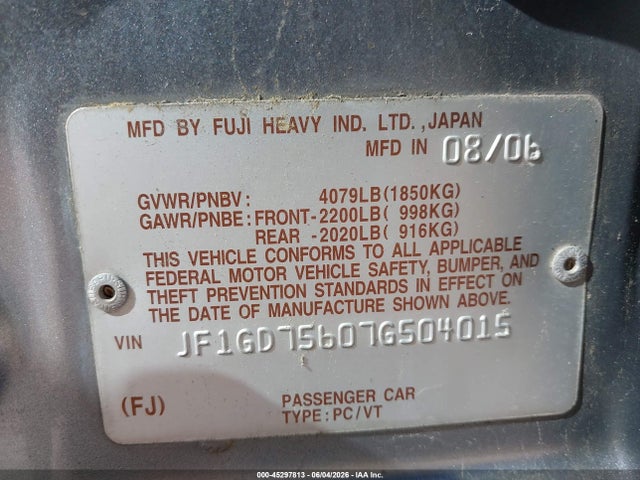 Aukcja sprzedaży 2007 Subaru Impreza Wrx Tr, vin: JF1GD75607G504015, numer aukcji: 45297813