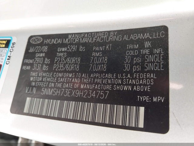Продажа на аукционе авто 2009 Hyundai Santa Fe Limited, vin: 5NMSH73EX9H234757, номер лота: 45297819