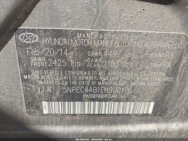 2014 Hyundai Sonata Se 2.0t მანქანა იყიდება აუქციონზე, vin: 5NPEC4AB1EH900176, აუქციონის ნომერი: 45297827