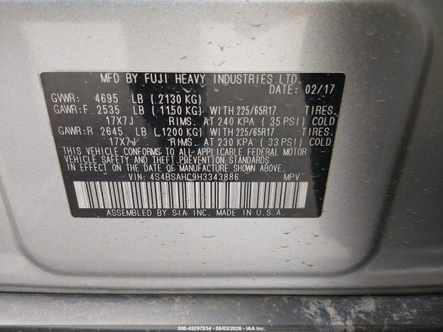 2017 Subaru Outback 2.5i Premium მანქანა იყიდება აუქციონზე, vin: 4S4BSAHC9H3343886, აუქციონის ნომერი: 45297834