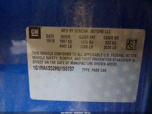 Aukcja sprzedaży 2017 Chevrolet Volt Lt, vin: 1G1RA6S52HU150737, numer aukcji: 45297851