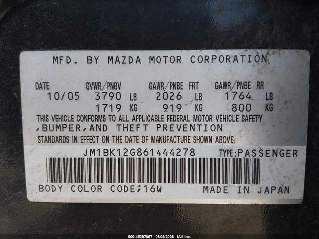 Aukcja sprzedaży 2006 Mazda Mazda3 I, vin: JM1BK12G861444278, numer aukcji: 45297857