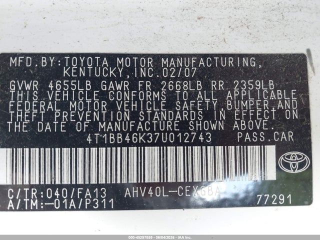 Aukcja sprzedaży 2007 Toyota Camry Hybrid, vin: 4T1BB46K37U012743, numer aukcji: 45297859