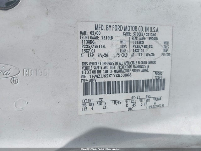 Продажа на аукционе авто 2000 Ford Explorer Xls, vin: 1FMZU62X1YZB53806, номер лота: 45297864