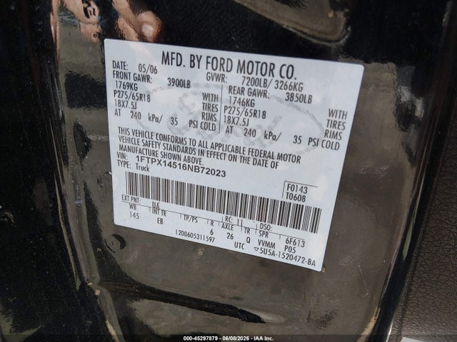 2006 Ford F-150 Fx4/lariat/xl/xlt მანქანა იყიდება აუქციონზე, vin: 1FTPX14516NB72023, აუქციონის ნომერი: 45297879