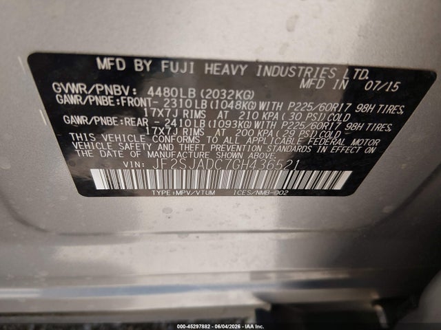 2016 Subaru Forester 2.5i Premium მანქანა იყიდება აუქციონზე, vin: JF2SJADC7GH436521, აუქციონის ნომერი: 45297882