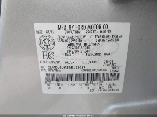 Aukcja sprzedaży 2011 Lincoln Mkx, vin: 2LMDJ8JK2BBJ32627, numer aukcji: 45297886