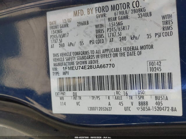 45297888 :رقم المزاد ، 1FMEU74E28UA66770 vin ، 2008 Ford Explorer Eddie Bauer مزاد بيع