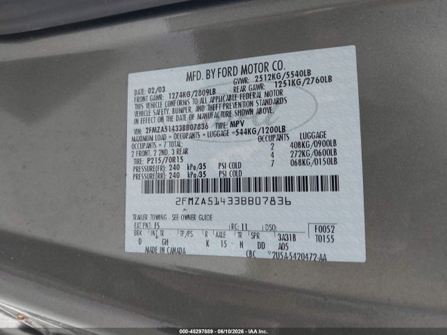 Aukcja sprzedaży 2003 Ford Windstar Lx, vin: 2FMZA51433BB07836, numer aukcji: 45297889