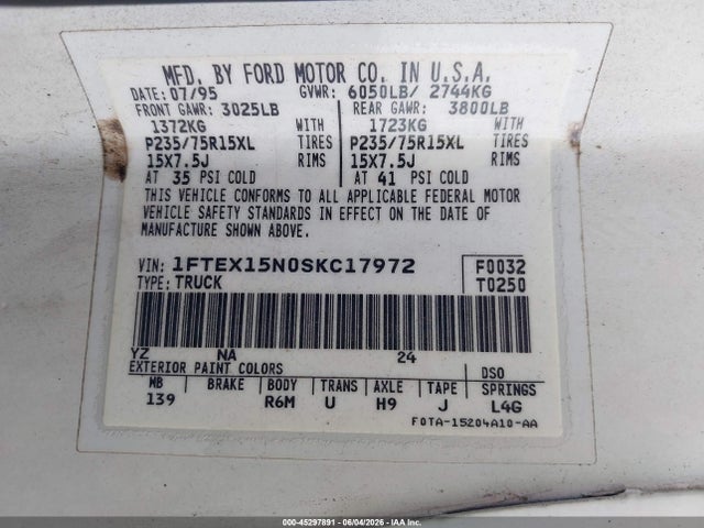 1995 Ford F150 მანქანა იყიდება აუქციონზე, vin: 1FTEX15N0SKC17972, აუქციონის ნომერი: 45297891