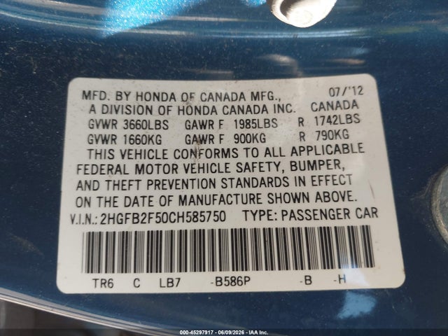 2012 Honda Civic Lx მანქანა იყიდება აუქციონზე, vin: 2HGFB2F50CH585750, აუქციონის ნომერი: 45297917