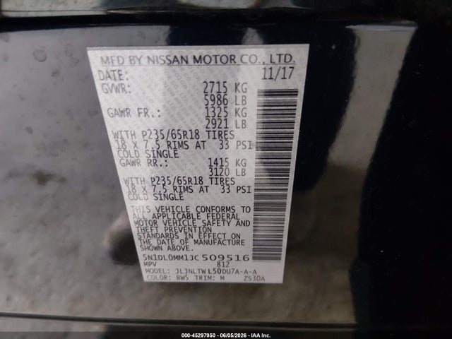 Продаж на аукціоні авто 2018 Infiniti Qx60, vin: 5N1DL0MM1JC509516, номер лоту: 45297950