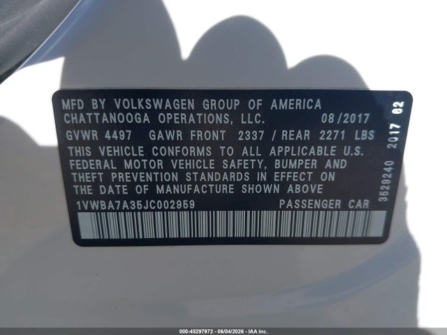 Продажа на аукционе авто 2018 Volkswagen Passat 2.0t Se, vin: 1VWBA7A35JC002959, номер лота: 45297972