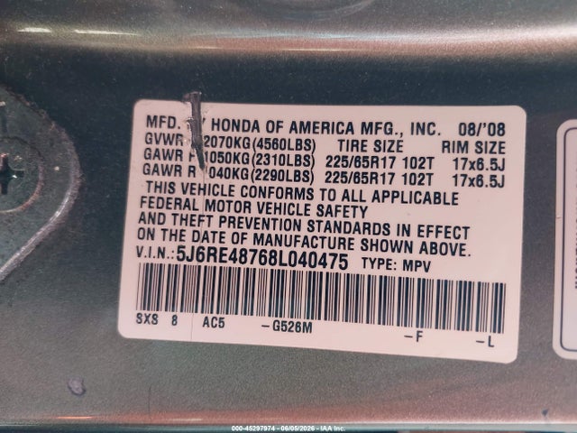 Продажа на аукционе авто 2008 Honda Cr-v Ex-l, vin: 5J6RE48768L040475, номер лота: 45297974