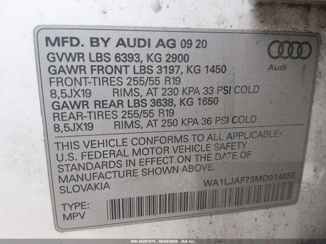 WA1LJAF73MD014858 Audi Q7 Premium Plus 45 Tfsi Quattro Tiptronic