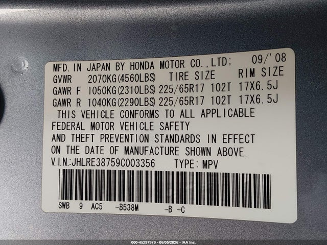 Aukcja sprzedaży 2009 Honda Cr-v Ex-l, vin: JHLRE38759C003356, numer aukcji: 45297979