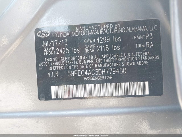 Aukcja sprzedaży 2013 Hyundai Sonata Se, vin: 5NPEC4AC3DH779450, numer aukcji: 45297992