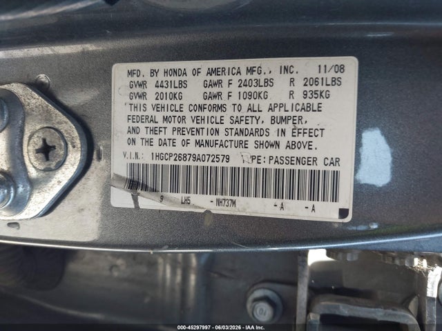 45297997 :رقم المزاد ، 1HGCP26879A072579 vin ، 2009 Honda Accord 2.4 Ex-l مزاد بيع