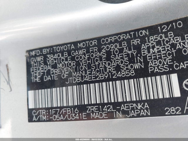 Продаж на аукціоні авто 2011 Toyota Corolla Le, vin: JTDBU4EE2B9124858, номер лоту: 45298005