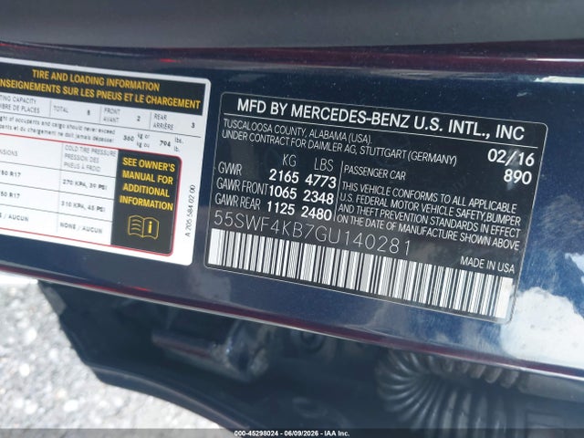 45298024 :رقم المزاد ، 55SWF4KB7GU140281 vin ، 2016 Mercedes-benz C 300 4matic مزاد بيع