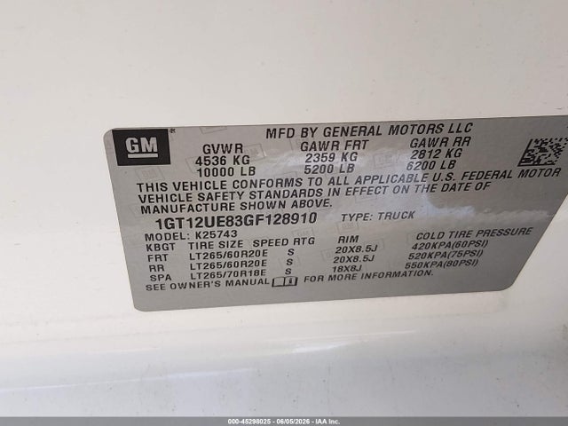 Aukcja sprzedaży 2016 Gmc Sierra 2500hd Denali, vin: 1GT12UE83GF128910, numer aukcji: 45298025