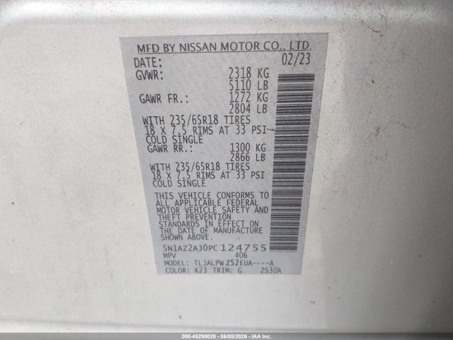 5N1AZ2AJ0PC124755 Nissan Murano S Fwd
