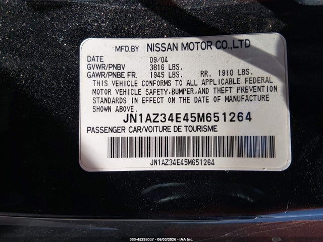 Продаж на аукціоні авто 2005 Nissan 350z Touring, vin: JN1AZ34E45M651264, номер лоту: 45298037
