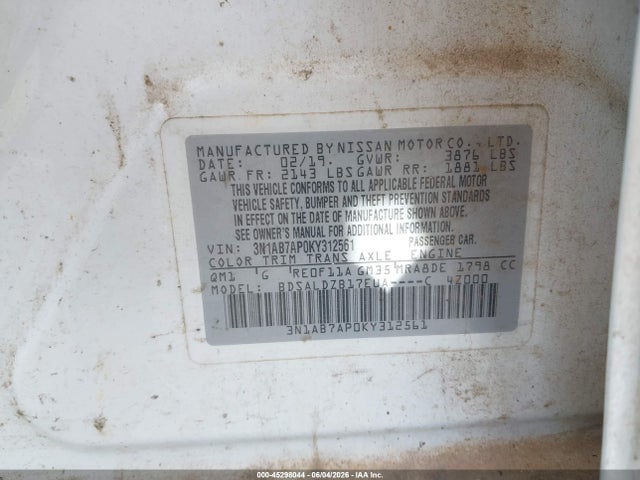 45298044 :رقم المزاد ، 3N1AB7AP0KY312561 vin ، 2019 Nissan Sentra Sv مزاد بيع