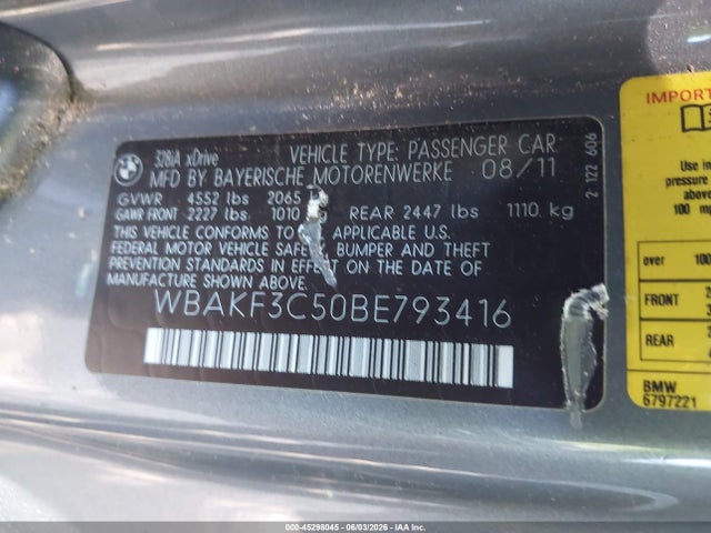 2011 Bmw 328i Xdrive მანქანა იყიდება აუქციონზე, vin: WBAKF3C50BE793416, აუქციონის ნომერი: 45298045