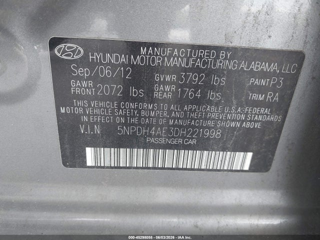 Продаж на аукціоні авто 2013 Hyundai Elantra Gls, vin: 5NPDH4AE3DH221998, номер лоту: 45298058