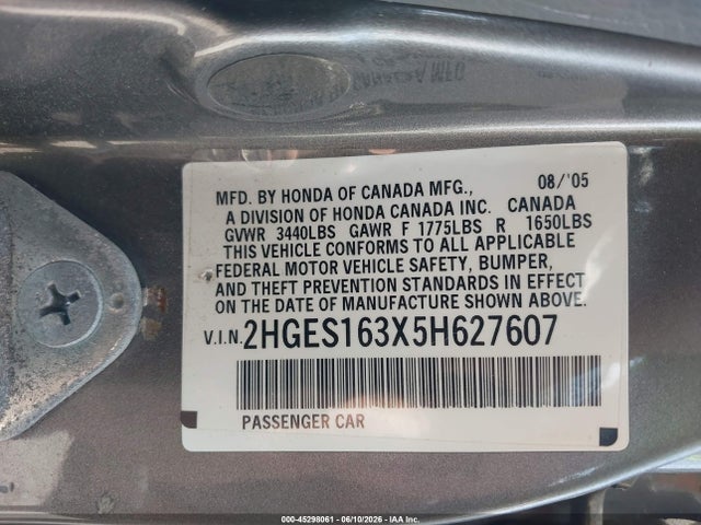 Aukcja sprzedaży 2005 Honda Civic Vp, vin: 2HGES163X5H627607, numer aukcji: 45298061