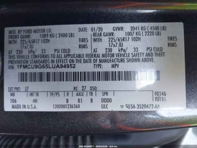 2020 Ford Escape Se მანქანა იყიდება აუქციონზე, vin: 1FMCU9G65LUA94952, აუქციონის ნომერი: 45298071