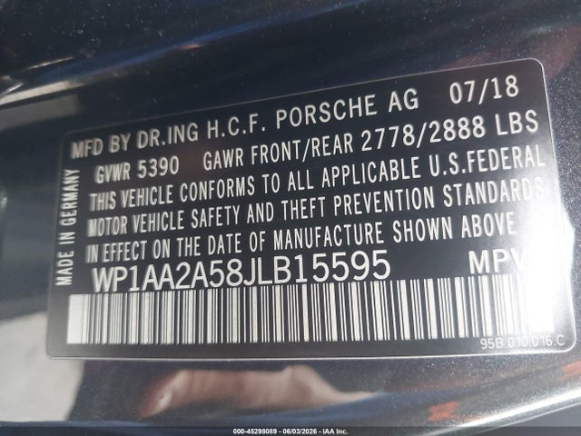 Продаж на аукціоні авто 2018 Porsche Macan Sport Edition, vin: WP1AA2A58JLB15595, номер лоту: 45298089